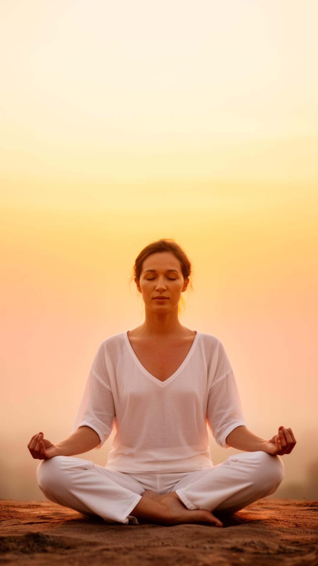 Neha meditating in lotus pose at sunrise